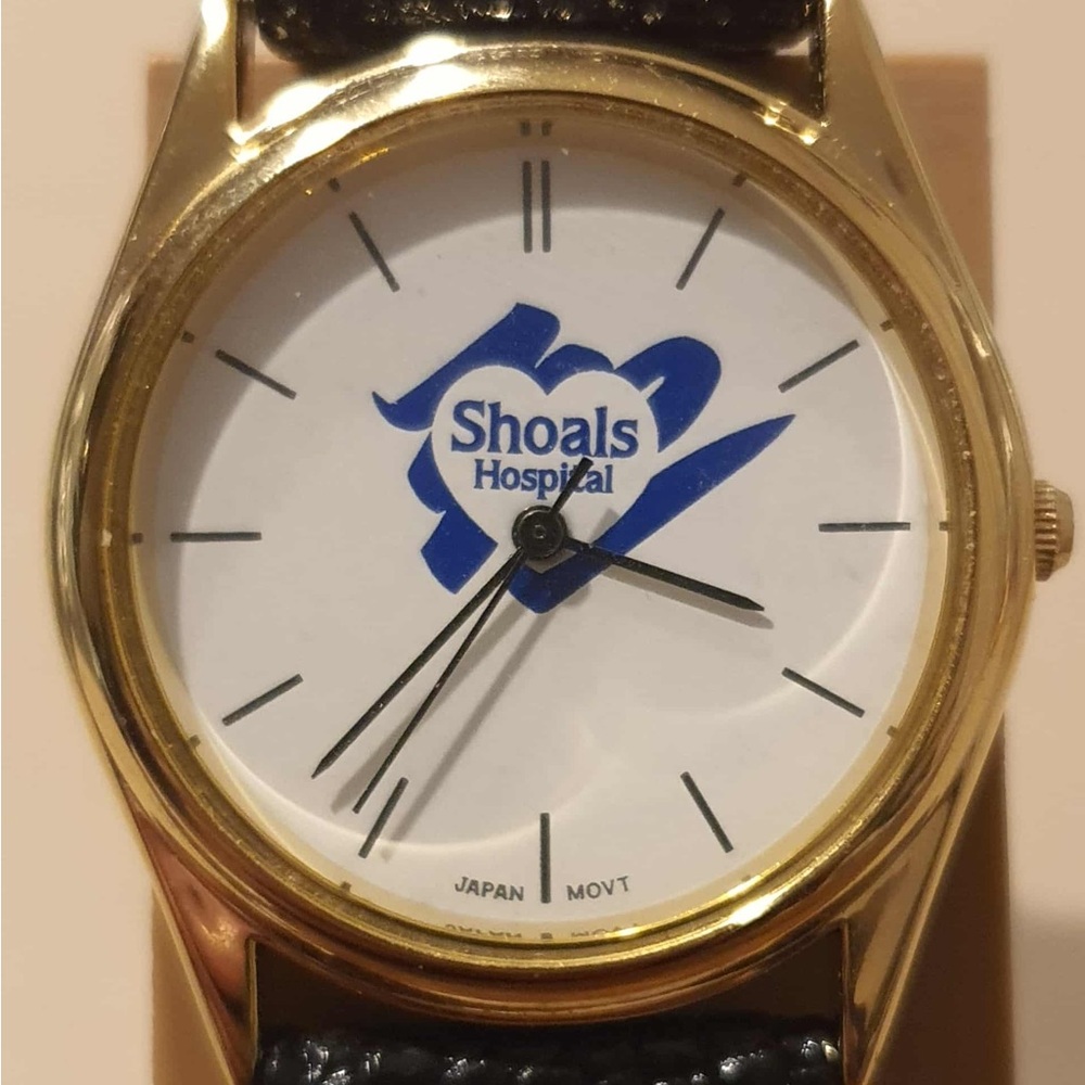 🦋10/$20🦋 Shoals Hospital Goldtone/White Leather Promotional Women's Watch.